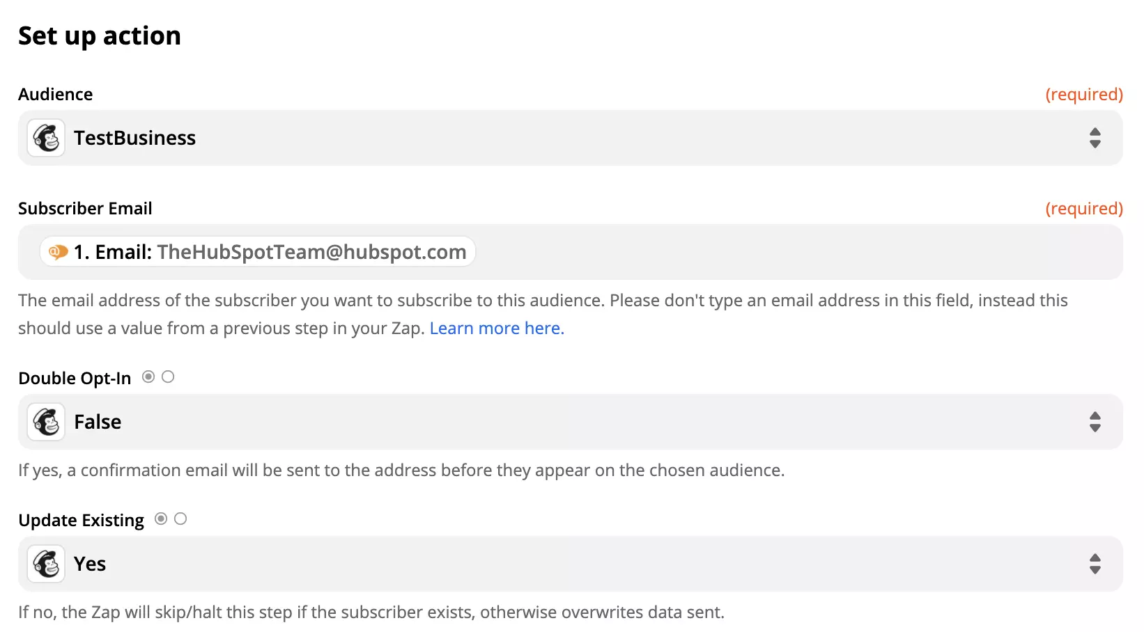 Mailchimp toimingu seadistamine