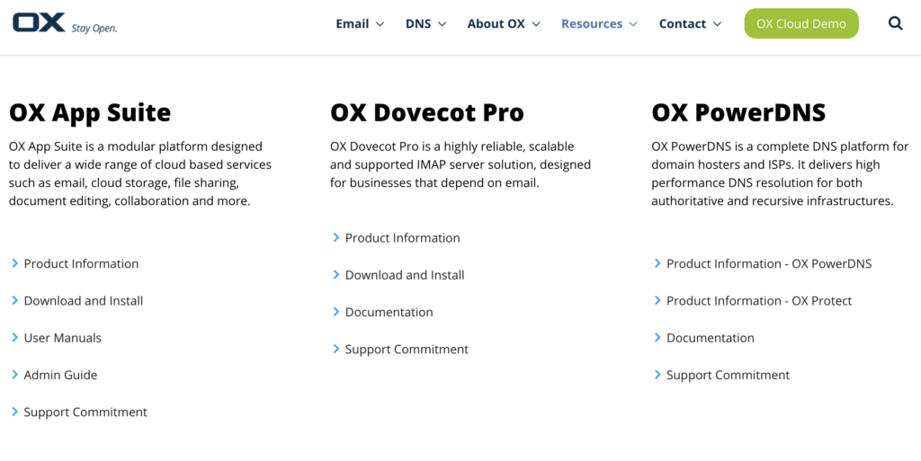 Open-Xchange veebileht allalaadimisvõimaluste ja juhenditega