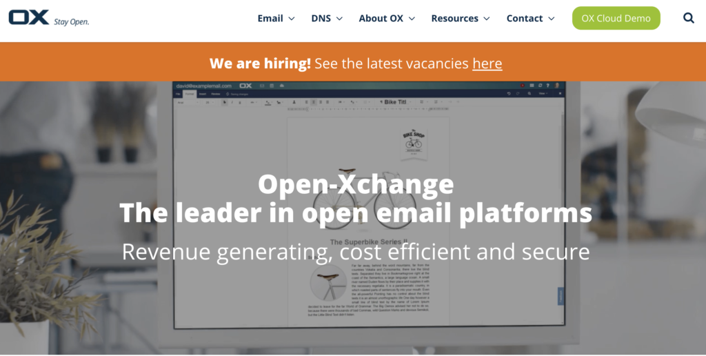 Open-Xchange koduleht koos eelistega