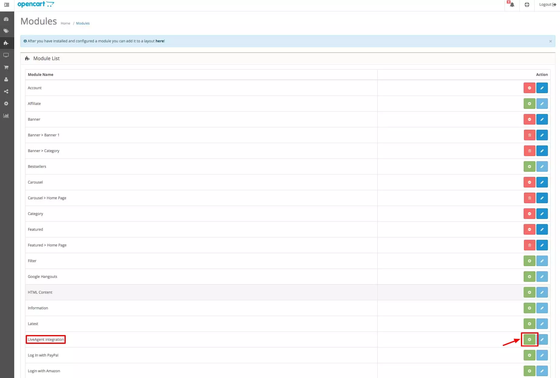 OpenCart LiveAgent integratsioon - Modules jaotis