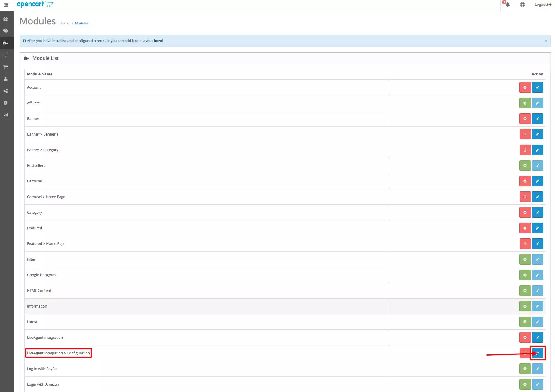 OpenCart LiveAgent integratsioon - Konfiguratsioon