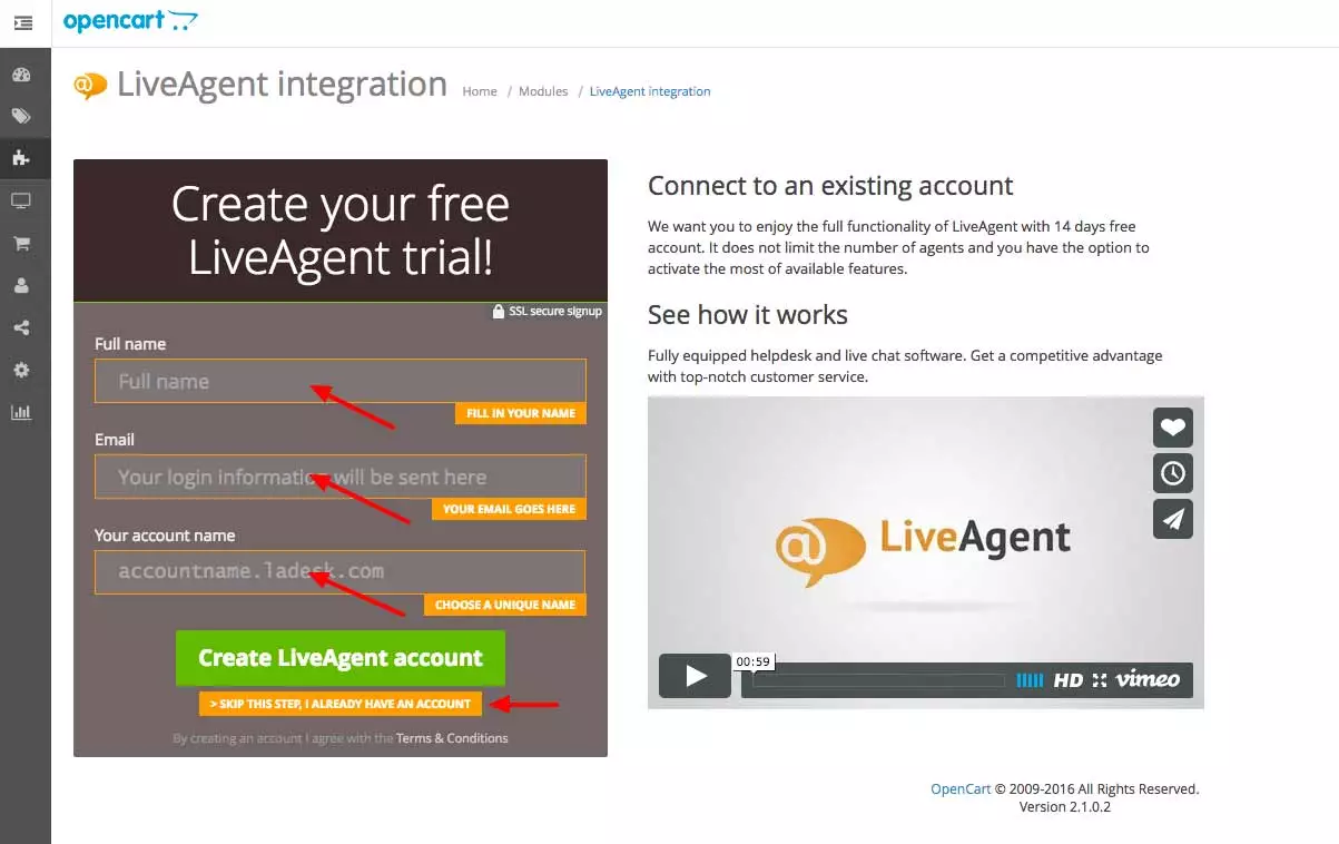 OpenCart LiveAgent integratsioon - Sisestage mandaadid