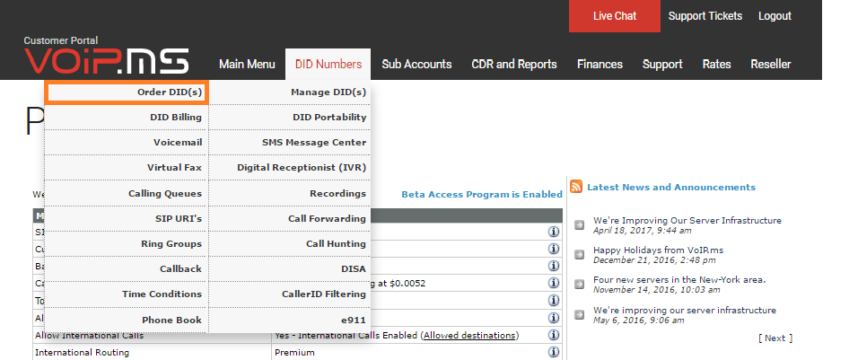 DID numbrite jaotis VoIP.ms-is
