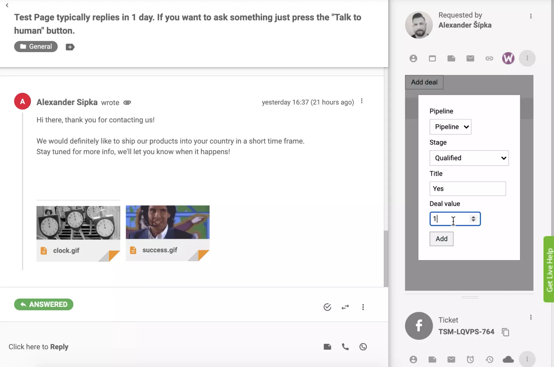 Lisa tehing PipeDrive CRM integratsiooniga LiveAgent pileti vaates