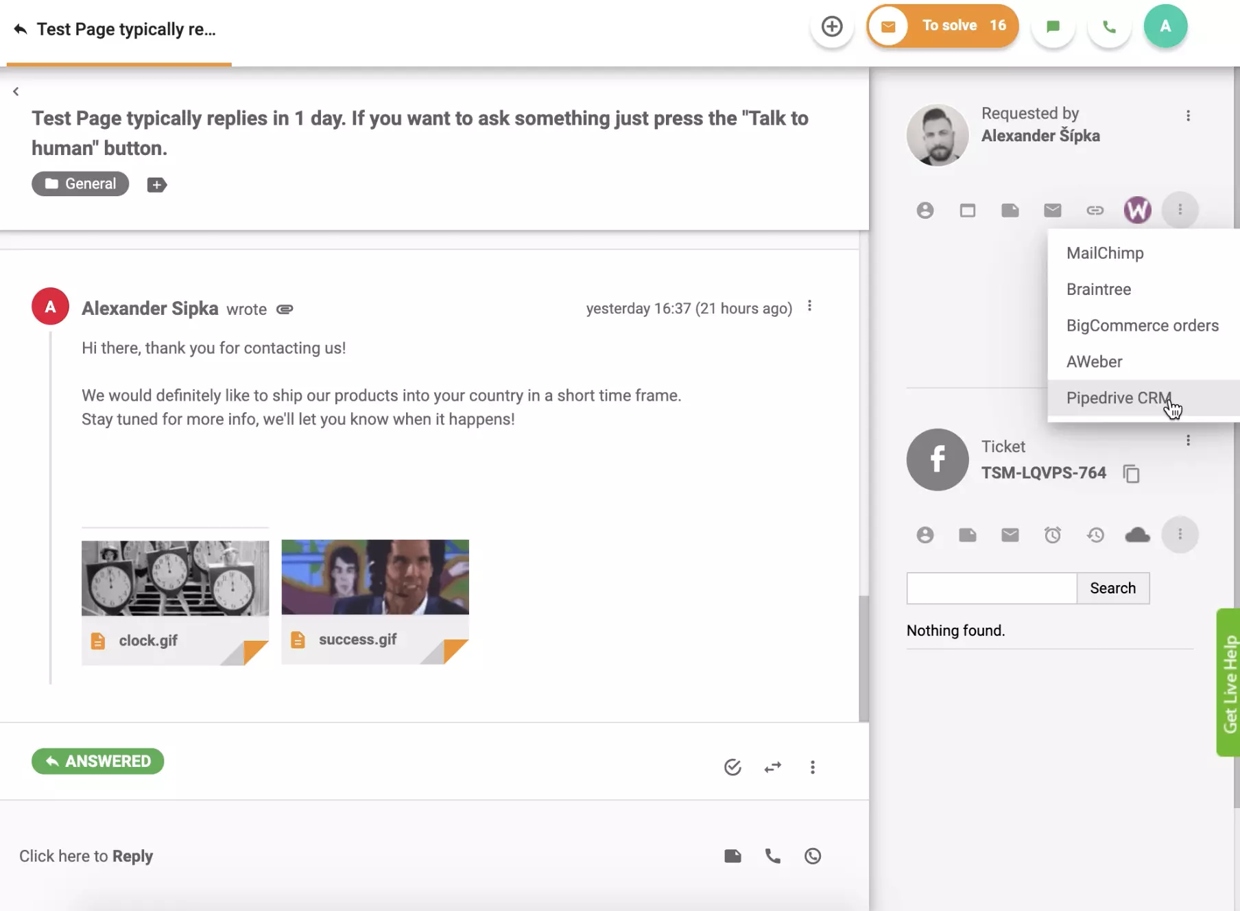 PipeDrive CRM on aktiivne LiveAgent pileti vaates