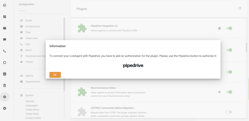 Klõpsa PipeDrive logole, et jätkata PipeDrive integratsiooniga LiveAgentile