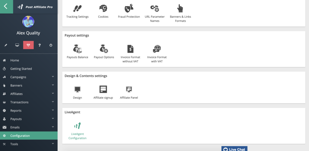 LiveAgent konfiguratsioon Post Affiliate Pro-s