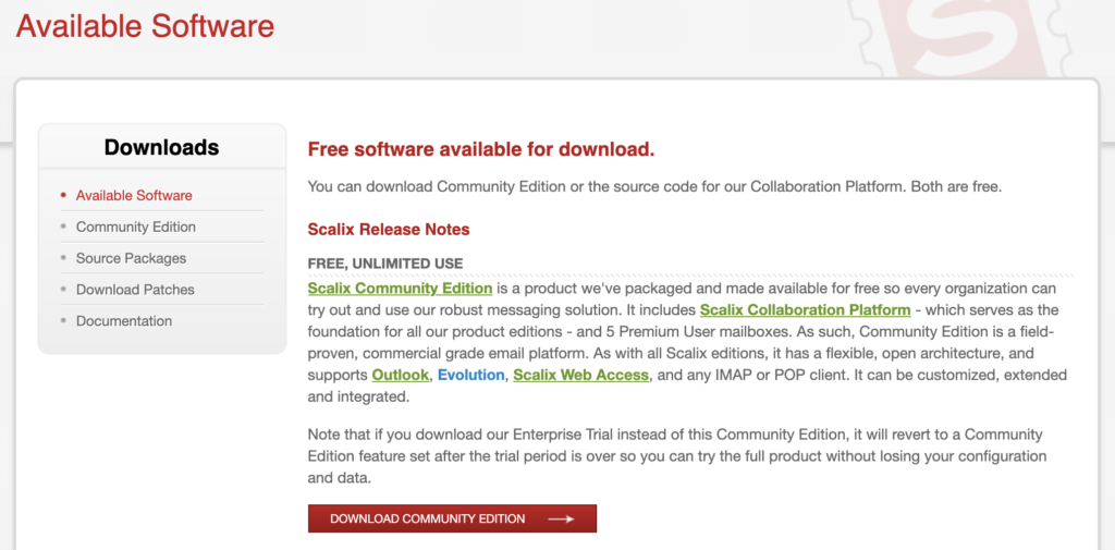 Scalix veebisait saadaolevate allalaadimiste ja väljaande teabega