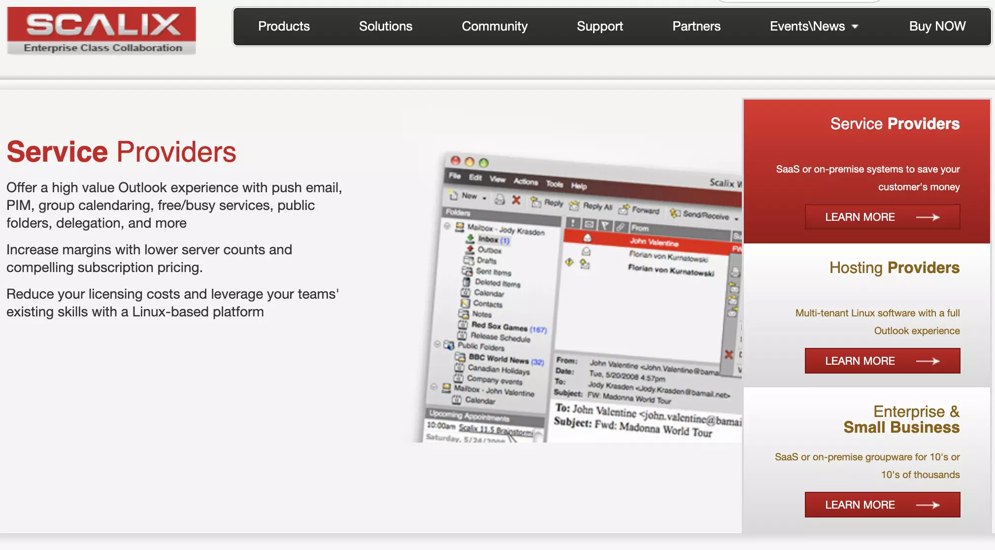 Scalix koduleht loetletud funktsioonide ja teabega