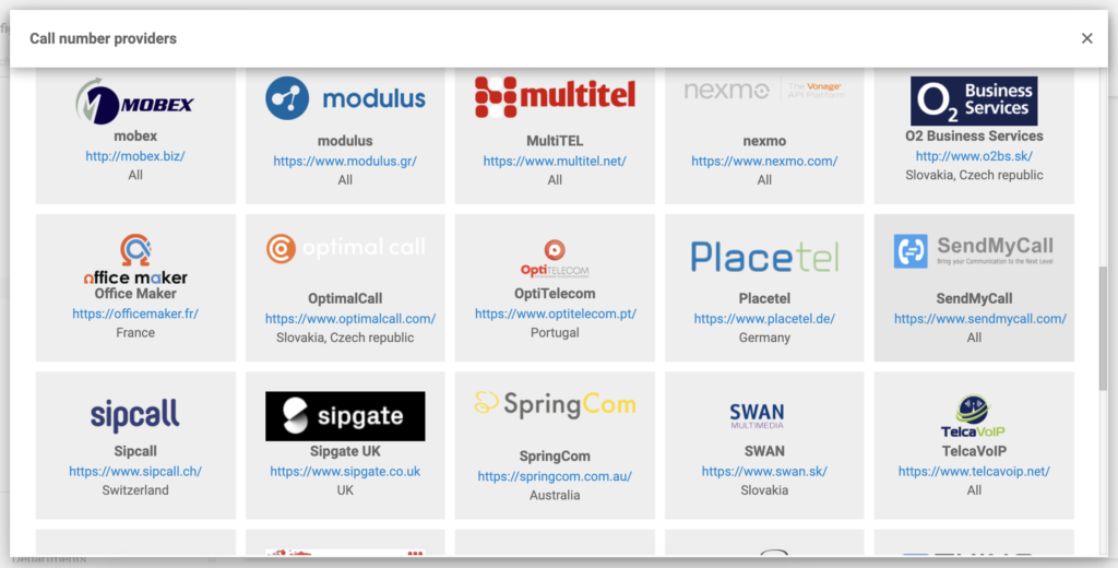 SendMyCall LiveAgent konfiguratsiooni VoIP-pakkujate loendis