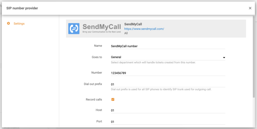 SendMyCall numbri konfiguratsioon LiveAgentis