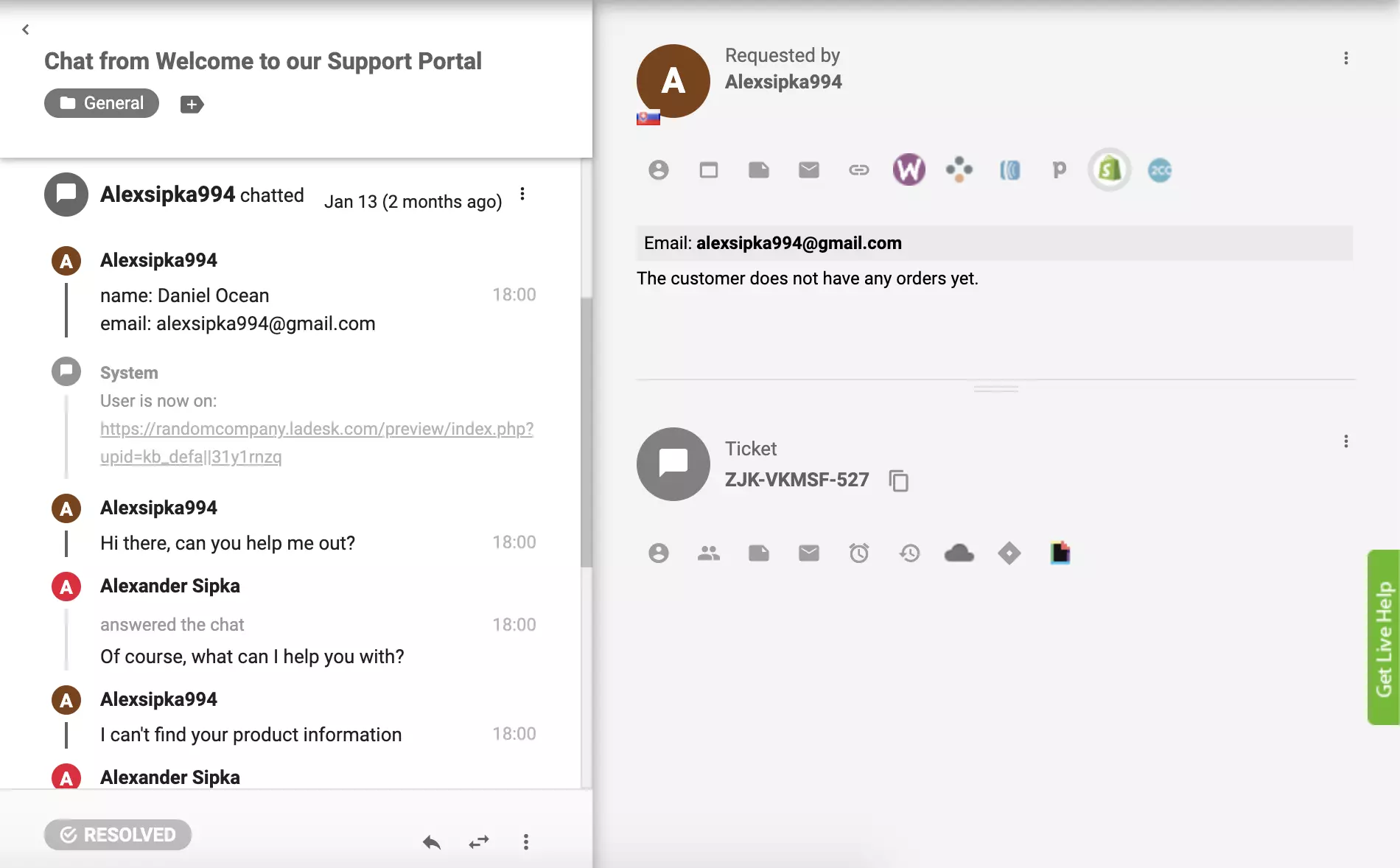 Shopify pistik on LiveAgentis aktiivne ja kliendi tellimused on nähtavad piletite vaates