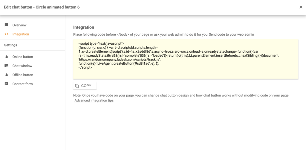 Silverstripe'i vestlusnupu integratsioonikood LiveAgentis