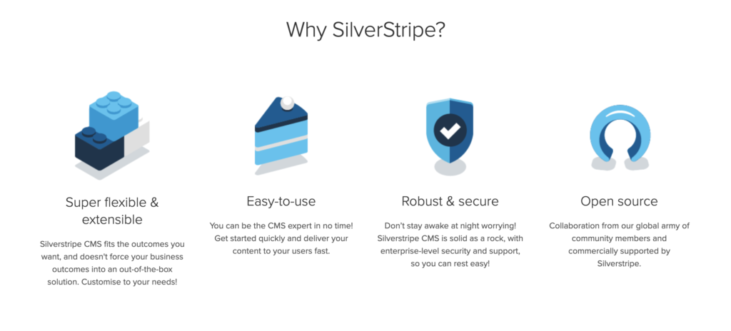 Silverstripe avaleht loetletud funktsioonidega