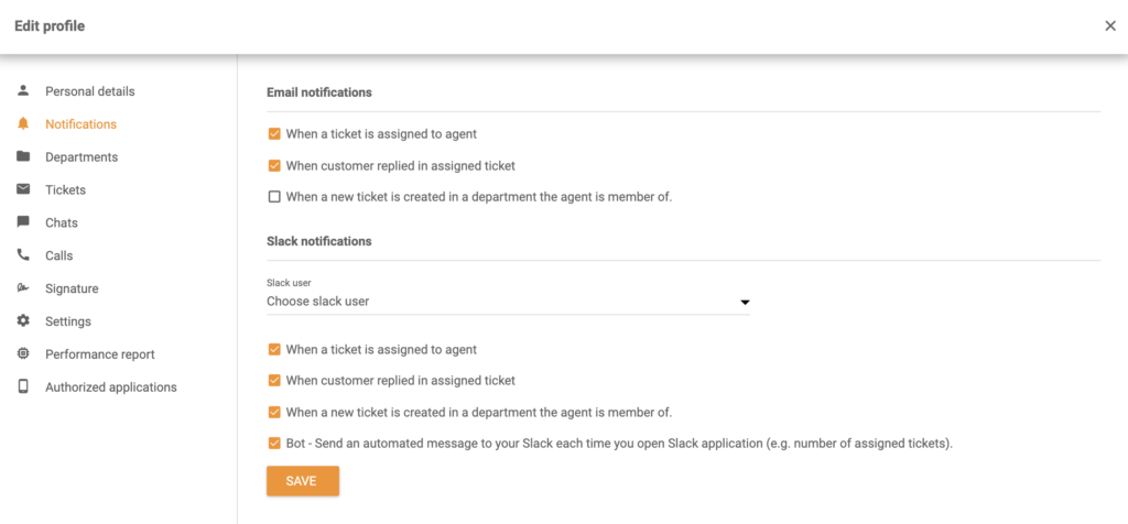 Slacki teavituste valikud profiili muutmise sektsioonis