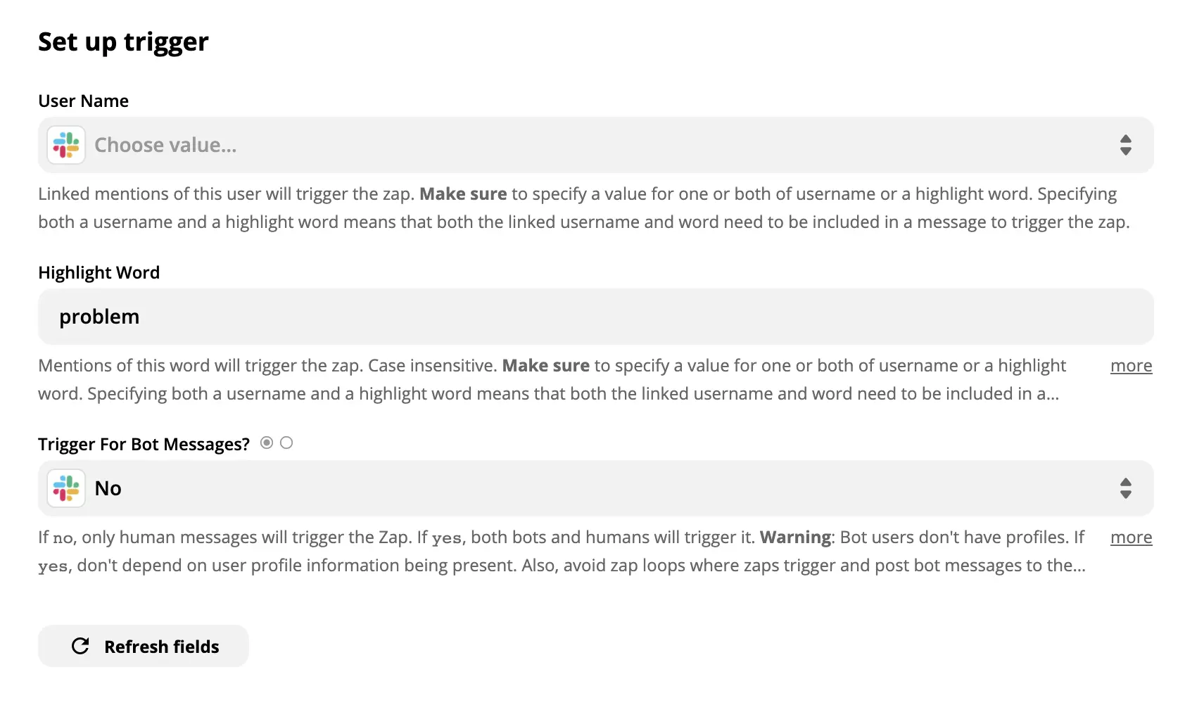 Slacki käivitaja seadistamise näide Zapieris