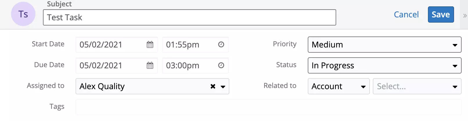 Uus ülesanne on loodud SugarCRMis