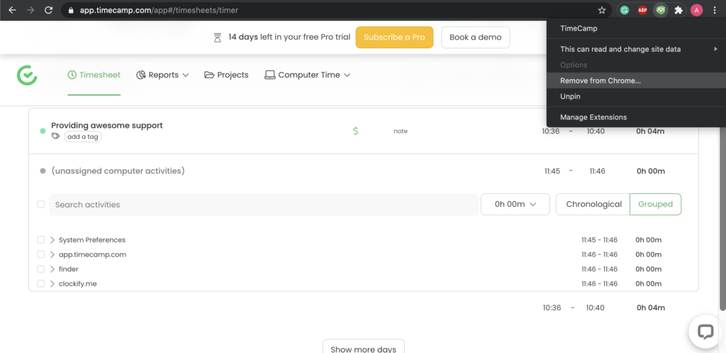 Timecamp pistikprogrammi valikud Google Chrome'is