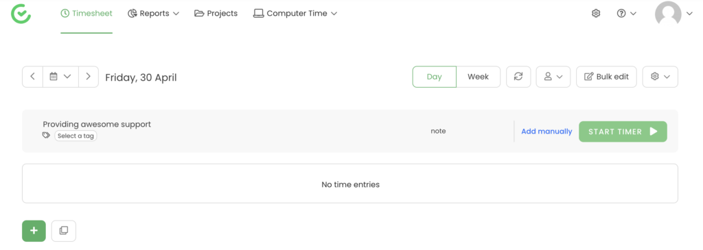 TimeCampi projekti valik koos ajastuse käivitamisega