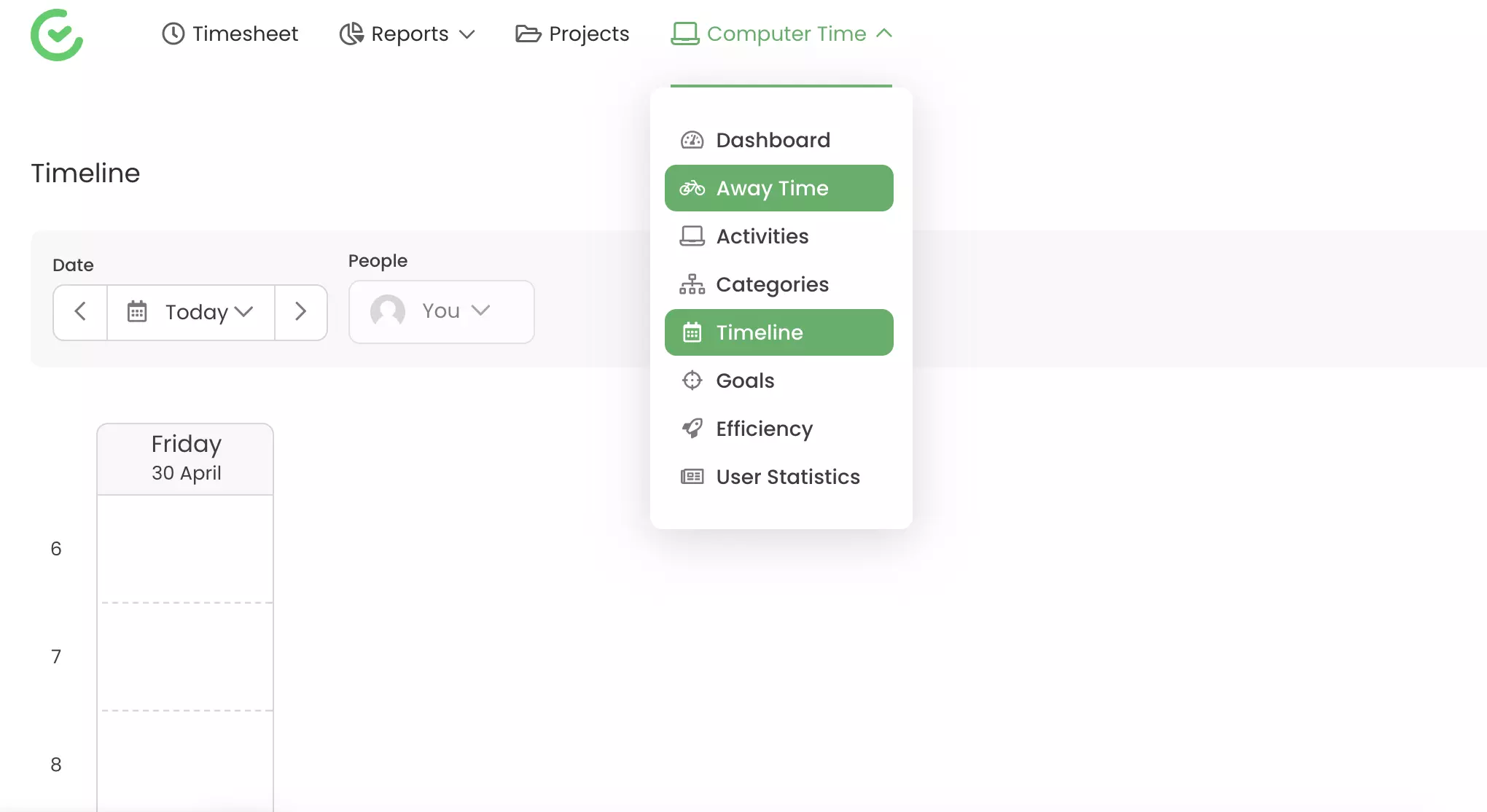Jälgimise võimalused, nagu eemaloleku aeg ja ajajoon, mis on nähtavad TimeCampis