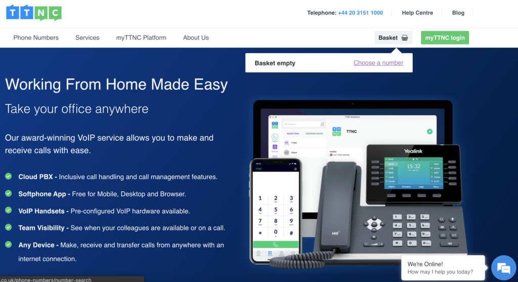 TTNC veebisait koos ostukorvi ja numbri valimise valikuga paremas ülanurgas