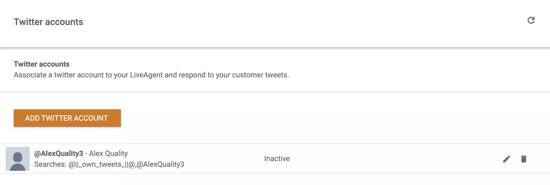 LiveAgentiga ühendatud kontod ja võimalus lisada veel Twitteri (X) kontosid