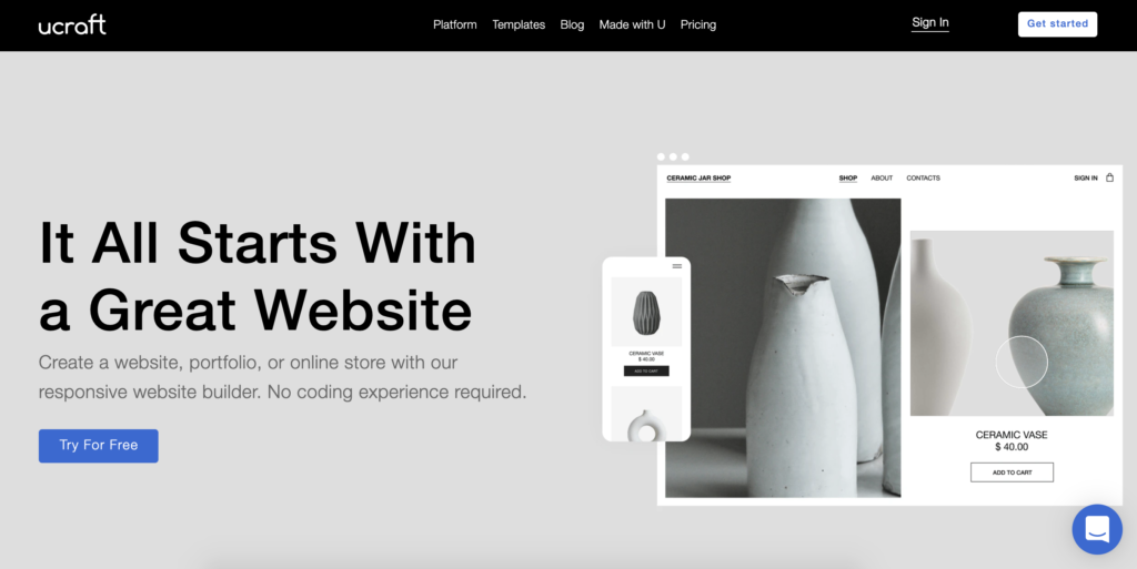 Ucraft'i koduleht Get Started nupuga paremas ülanurgas