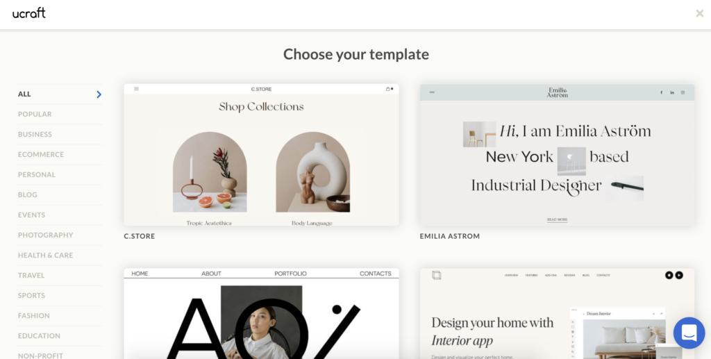 Ucraft'i malli valimise ekraan mitme malli valikutega