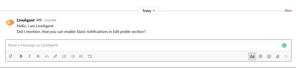 Slacki teavitus uuest 'Kiire' sildist LiveAgentis