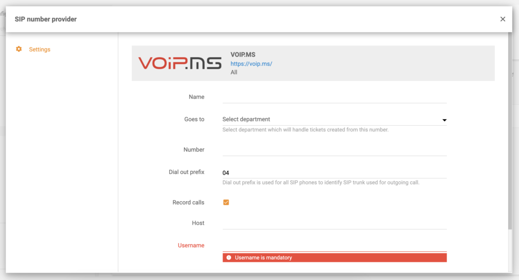 VoIP.ms konfiguratsioon LiveAgenti kõne seadistustes