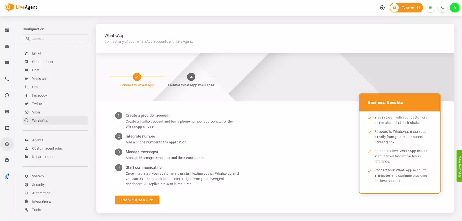 LiveAgent'i WhatsAppi integratsioon