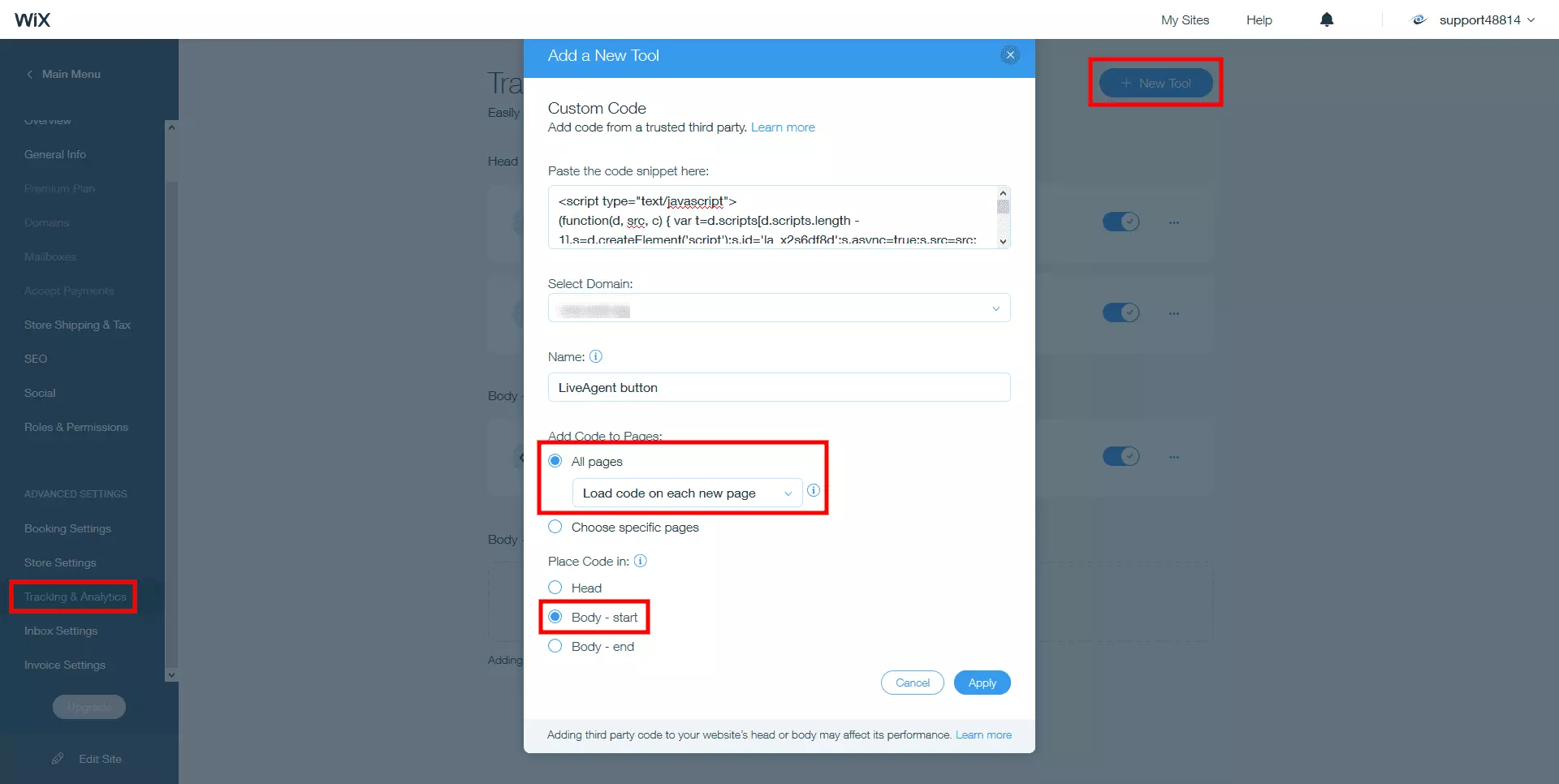 Paigutage LiveAgenti otsevestluse kood Wix-i saidi kehasse