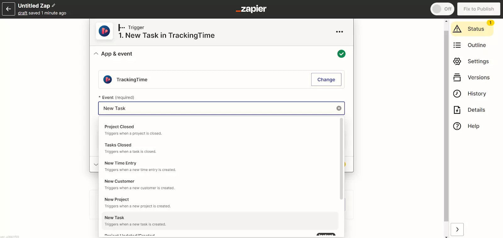 Zapier - uus ülesanne TrackingTime'is