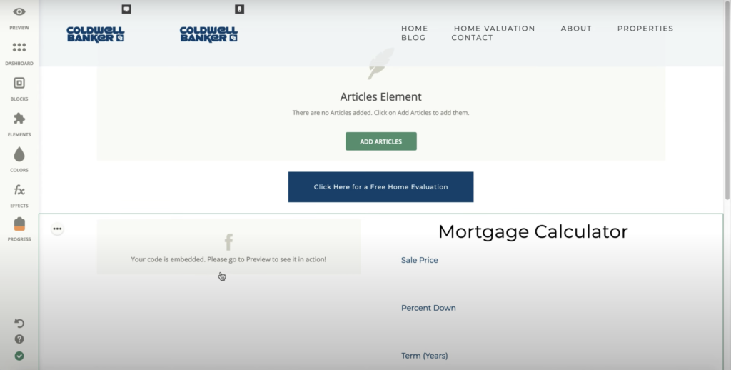Zentapi veebisaidi ehitaja mitme valikuga vasakul paneelil