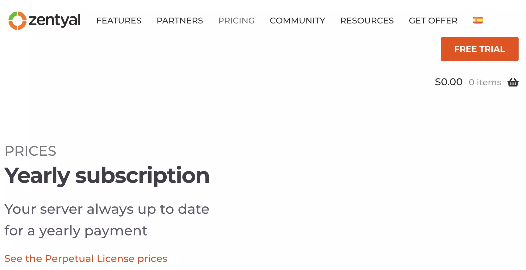 Zentyal tasuliste plaanide jaotis Zentyal veebisaidil