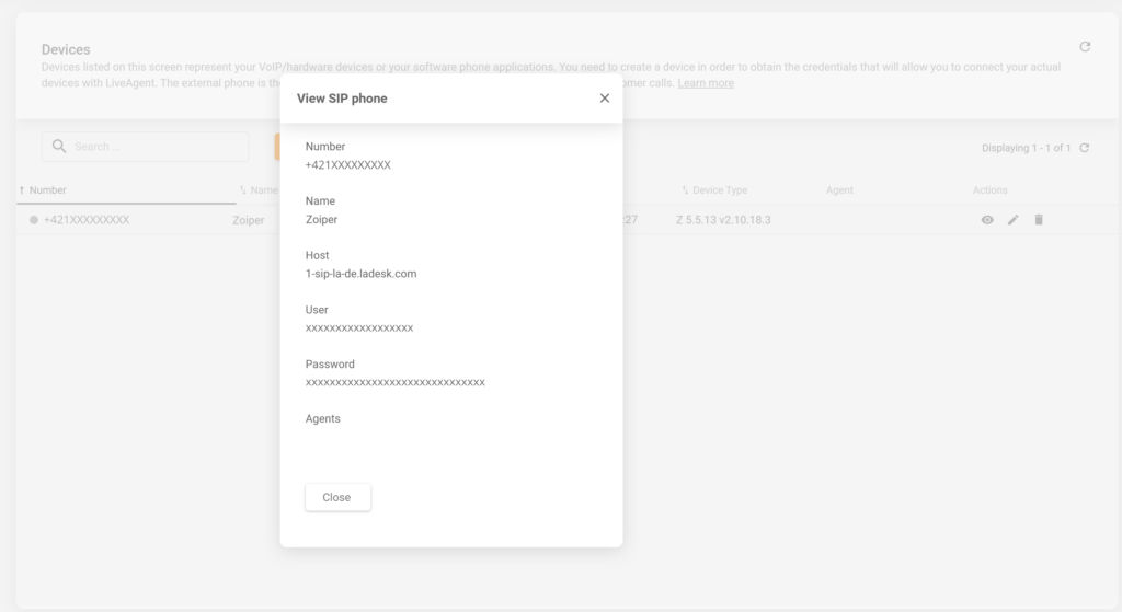 Pilt, mis näitab, kus leida SIP seadme üksikasju LiveAgentis