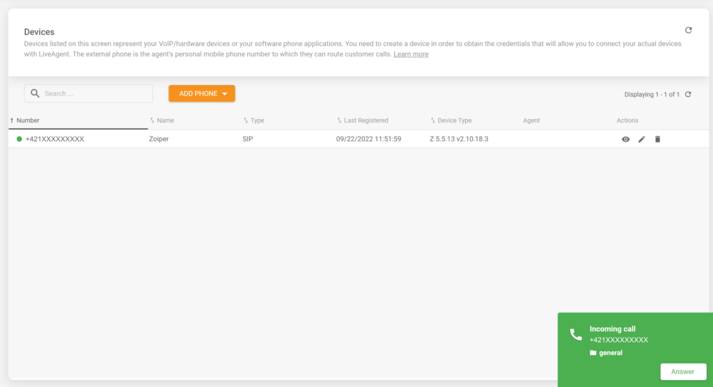Pilt, mis näitab sissetulevat kõnet edukalt integreeritud Zoiperi softphone'is LiveAgenti abikeskuse tarkvaraga