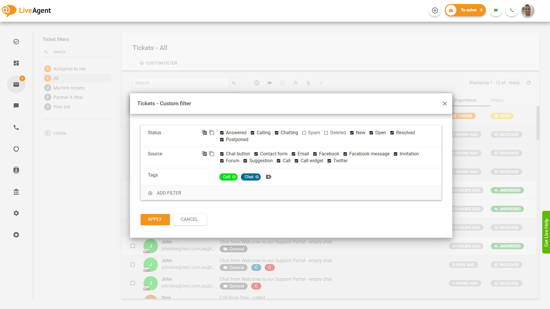 Piletite filtreerimine siltide järgi funktsioon LiveAgent'is