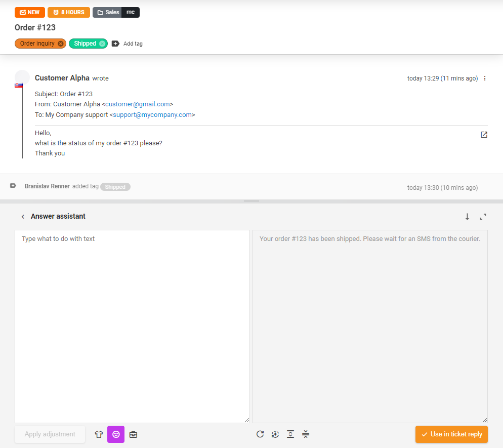 AI Answer Assistant tööriist piletile vastamise ajal.