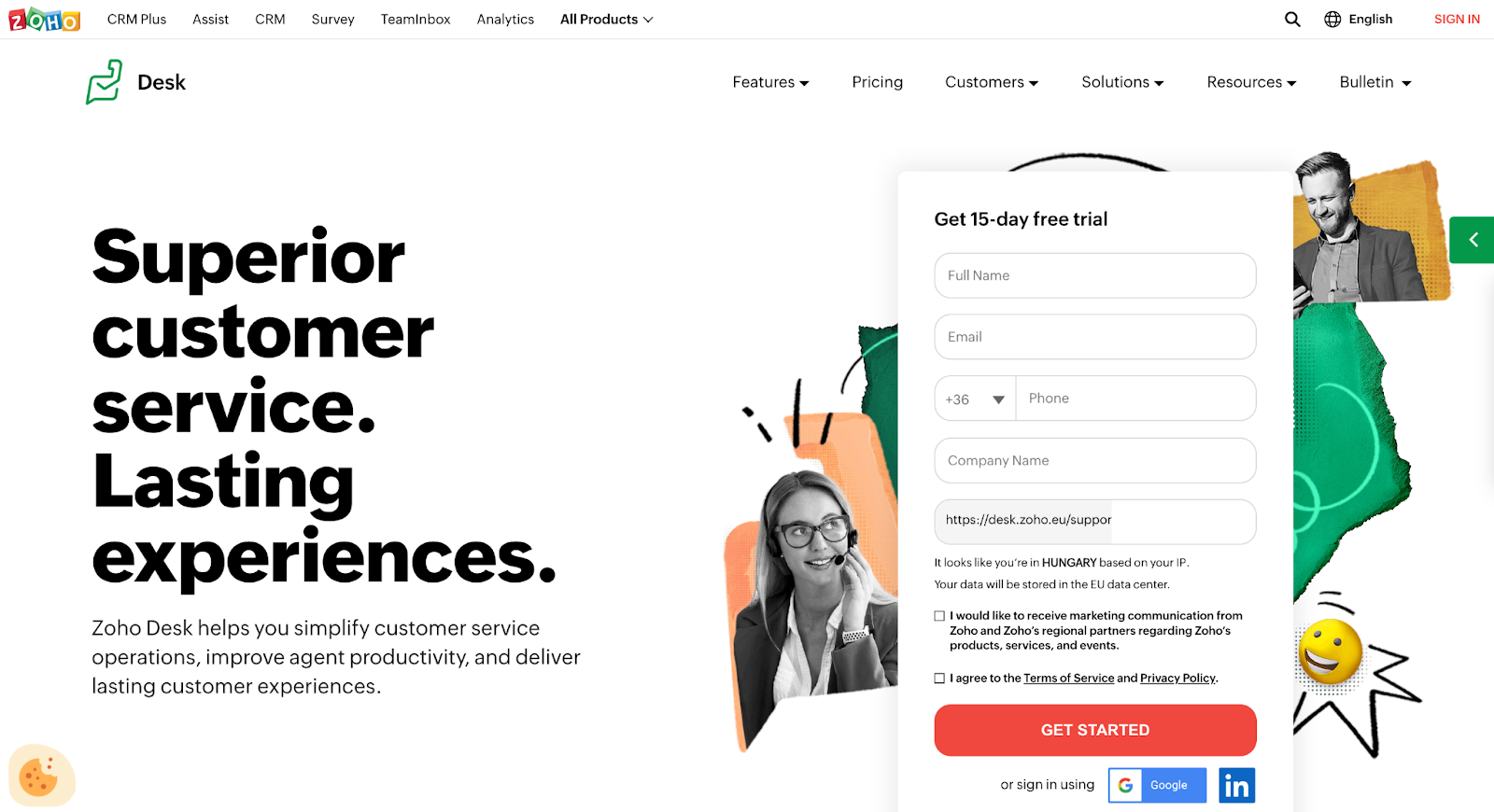 Zoho Deski kodulehe paigutus, mis kirjeldab selle funktsionaalsust