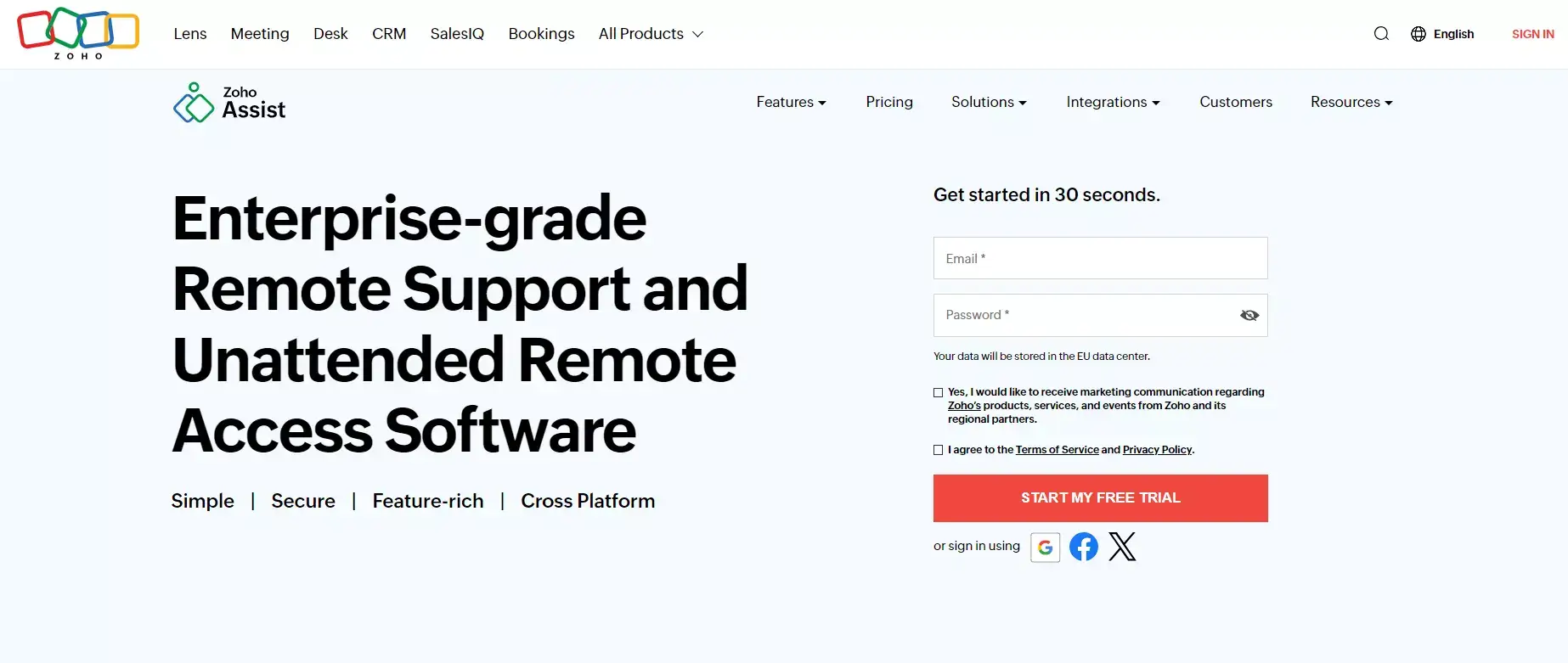 Zoho Assist homepage - robust remote help desk software