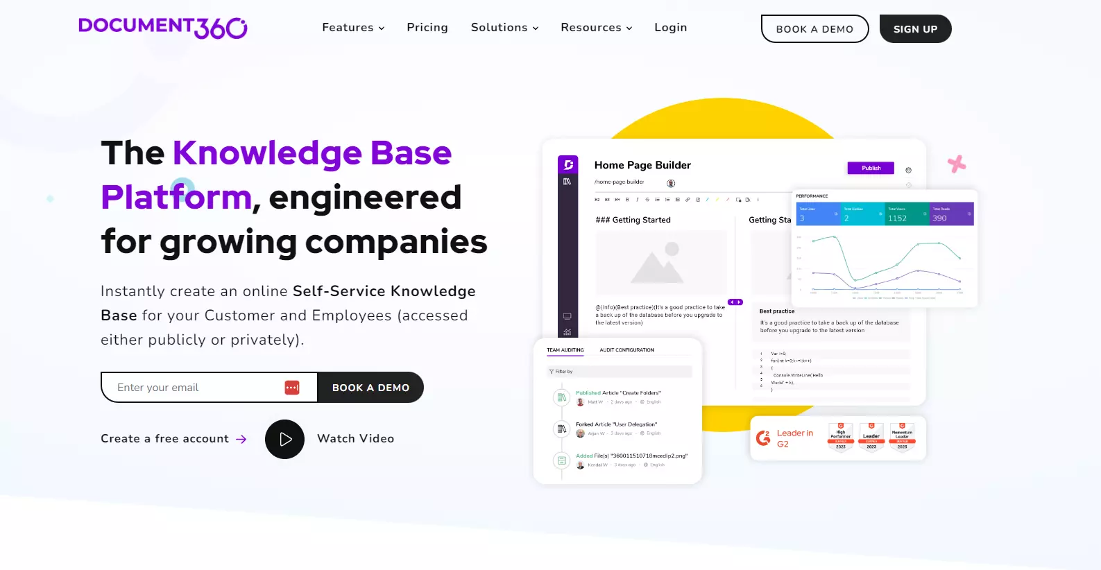 Document360 kodulehe hetktõmmis, mis keskendub peamistele funktsioonidele
