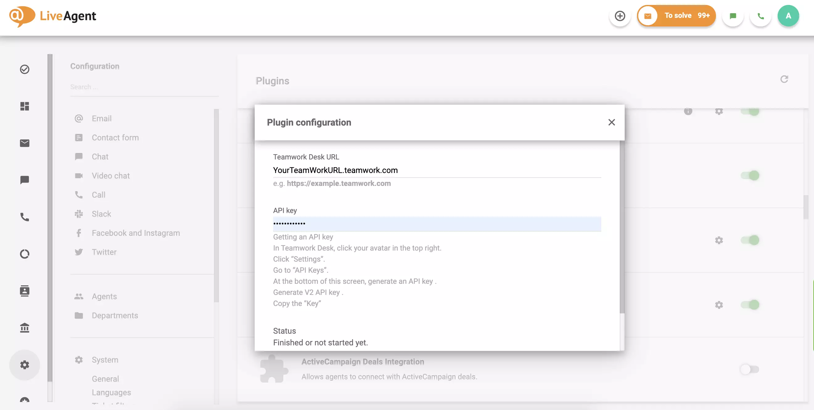 Täitke oma Teamwork Desk'i URL ja API, seejärel klõpsake Salvesta.