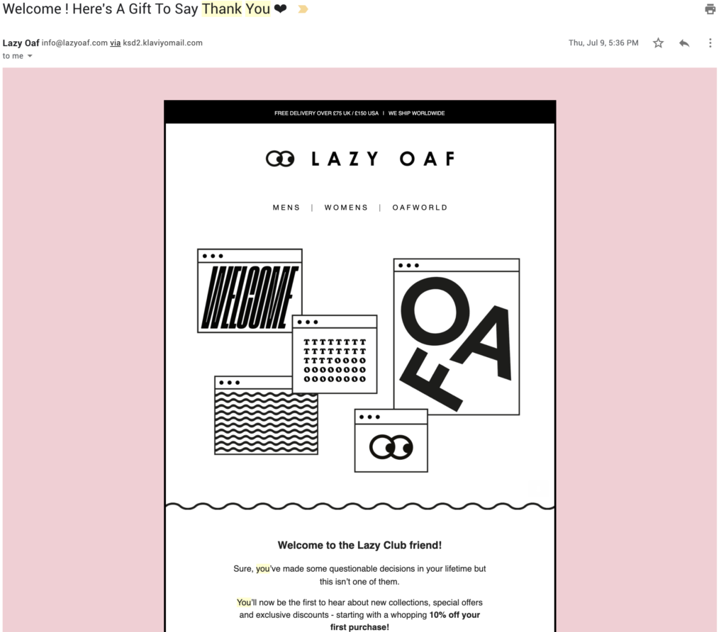 Lazy Oaf kliendi hindamise e-posti mall