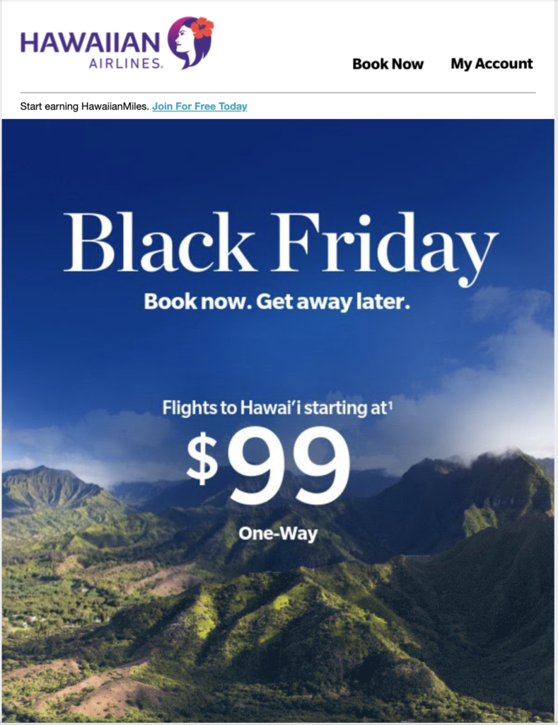 Hawaiian Airlines Black Friday e-posti kampaania
