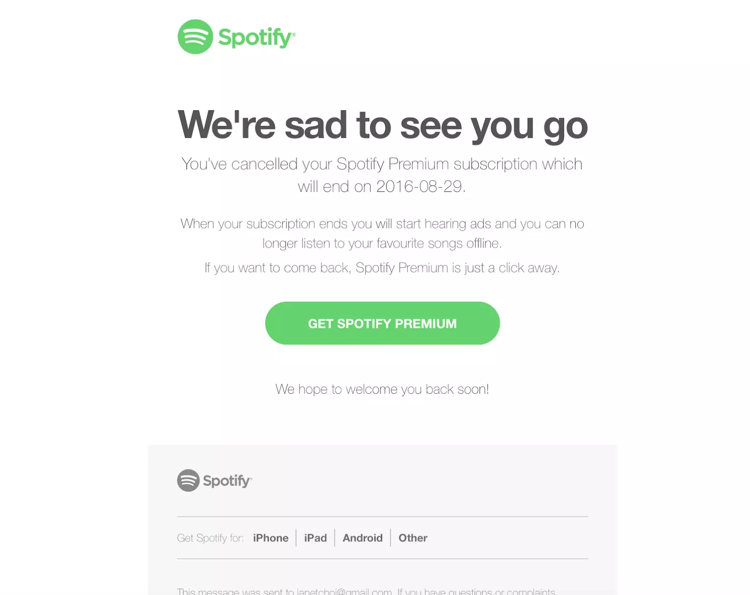 Spotify tühistamise e-posti näide