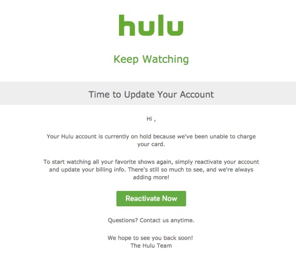 Hulu dunning e-posti näide