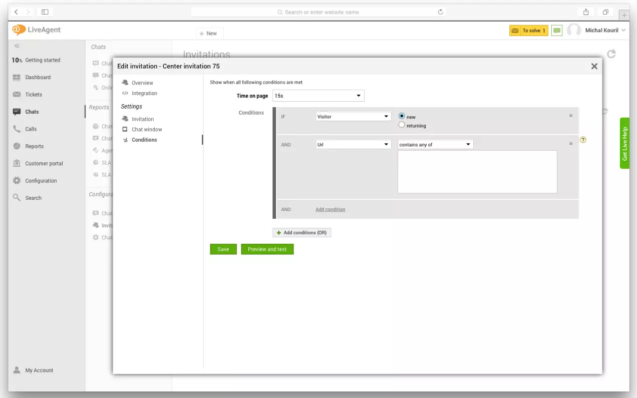 LiveAgenti seadistused, mis näitavad proaktiivsete vestluse päästikute seadistamist