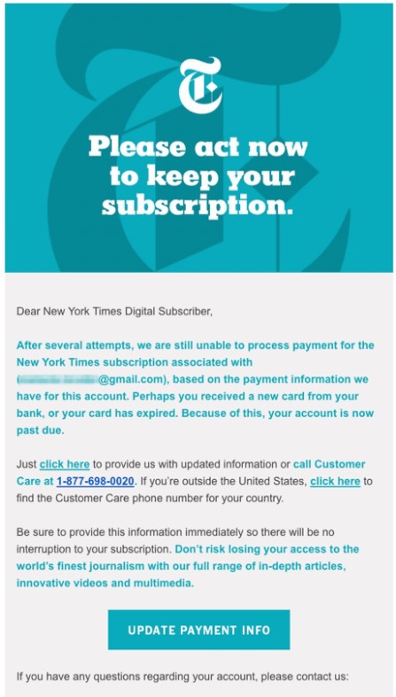 New York Times dunning e-posti näide