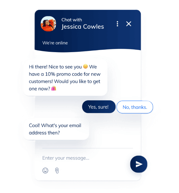Live-chati liides pakkudes sooduskoodi ja küsides kasutaja e-posti